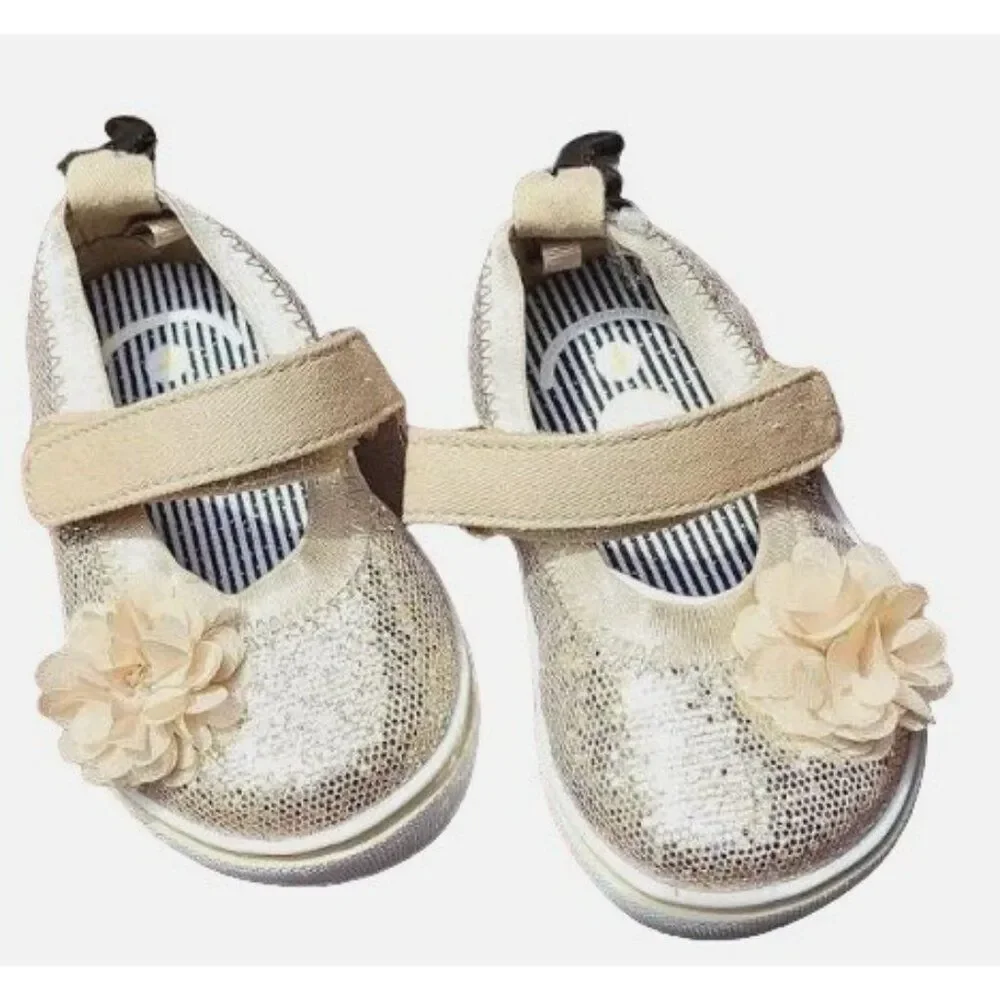 Toddler Girl's Golden Glitter Mary Jane Shoes With Flower Strap‎ Size 3